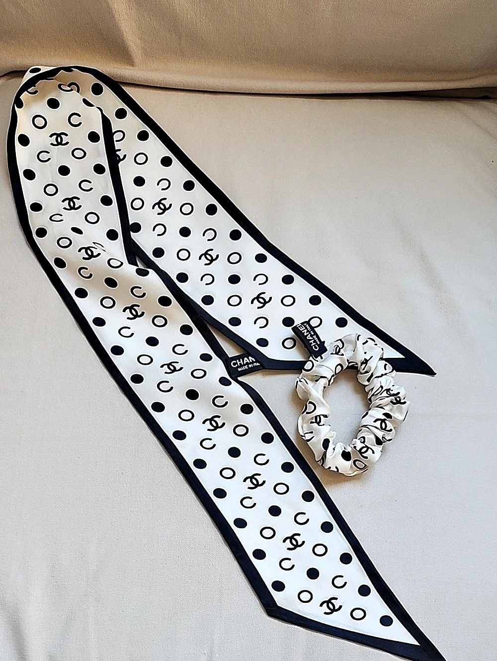 Chanel Silk Twill Scarf Scrunchie Set Polka Dot White & Black